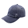 Detail of distressed dark blue denim baseball cap featuring white contrast stitching - One Size(Adjustable) / Navy Blue (Distressed Hole)