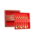 6-piece golden Christmas cutlery set with reindeer head handles in a red festive gift box - 410 Reindeer Spoon Fork 6PCS Red Box / Silver