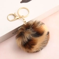 Leopard print faux rabbit fur keychain with gold ring for handbags and accessories - 3303-3 Rabbit And Fox / Light Gold 4-Link Lobster Clasp