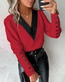 Women's autumn V-neck long sleeve blouse in vibrant red with black buttoned cuffs - S / Tops / Burgundy