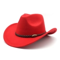 Dettaglio cappello da cowboy rosso con fascia intrecciata marrone e fibbia a toro - M（56-58cm） / Rosso