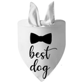 Close-up of a white cotton dog bandana with a black bow and Best Dog lettering - Style 9-White Best Dog Bow Tie