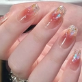 Macro shot of gradient red almond press-on nails with silver glitter and sequins - By1130# Sugar Glitter Sequins / Glue Type