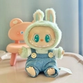 Green plush bunny hoodie and denim overalls outfit for collectible cartoon doll figure - British Style Buttoned Suit / First And Second Generation Keychains Are Compatible With La Cloth Dolls. Dolls Not Included.