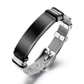 Men's mesh bracelet in silver and black stainless steel with adjustable buckle strap - Silver/Black