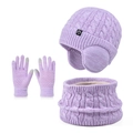 Kids purple knit winter set with fleece-lined earflap hat, neck warmer and touchscreen gloves - 3-Piece Set - Two-Tone Purple