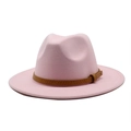 Close-up of pink wool fedora hat with a textured brown leather decorative band - M (56-58cm) / Pink
