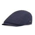 Detail of navy beret cap with waffle texture fabric and metallic brand emblem - Navy Blue