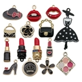 Set of 14 enamel and rhinestone alloy pendants with fashion themes on white background - Mixed 15pcs Women Series Set