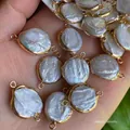 Irregular baroque freshwater pearl charm with golden frame and double-hole loops - No.47 Double Loop Width 15-16mm