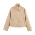 Damenjacke aus khakifarbenem Wildlederimitat mit Stehkragen und klassischer Knopfleiste - XS / Khaki