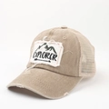 Detailed side view of khaki vintage distressed baseball cap with Explorer patch - Adjustable / Khaki