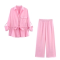 Pink two-piece loungewear set with lapel long sleeve shirt and wide-leg trousers - Pink Jewelry Set