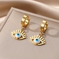 Golden stainless steel huggie hoop earrings featuring blue Evil Eye eyelash pendants - White Long Eyelash Eye
