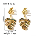 Detail view of gold monstera leaf earrings with abalone shell inlay 6.6cm x 3.3cm - Gold Monstera Leaf Inlaid Abalone Shell (NB-E1323) / 18K Gold