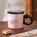 Tazza in ceramica rosa con manico a gatto nero, coperchio e cucchiaio, design carino - Tazza Singola / Nero