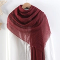 Deep red pleated cotton linen scarf with frayed edges hanging on a white shirt - Dark Red