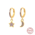Asymmetric S925 sterling silver hoop earrings with gold plating and purple star moon charms - Gold-Purple Zirconia