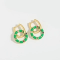 Golden round earrings with green enamel and multi-colored gemstone inlays - Green Hoop