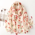 Sweet cherry print cotton linen scarf shawl with small red tassels on a white background - Beige Red Cherry Print (SL2301-001)