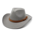 Close-up of a grey felt fedora featuring a vintage brown leather belt buckle detail - M (56-58cm) / Gray