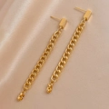 Close-up of golden long chain drop earrings resting on champagne silk fabric background - Golden Chain Earrings (HE8931) / Gold
