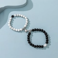 Magnetic couple bracelets with white turquoise, black matte beads and heart charm - White Turquoise & Black Matte - Magnetic Heart - Plated