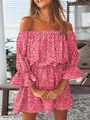 Detail van off-shoulder jurk met bloemenprint, ruchesmouwen en elastische taille - S / Rode Bloem