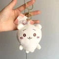 Cute white plush keychain with golden metal clasp and character tag for bag decor - 12cm / White Round Face Monster Style