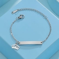 Detail of silver stainless steel kids ID bracelet with crown charm and adjustable clasp - Steel Crown Style
