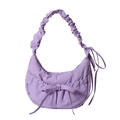 Purple crescent shoulder bag with pleated straps and bow detail on white background - Purple