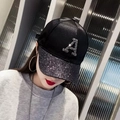 Fashionable black baseball cap for women with silver rhinestone letter A and sparkling sequins - A Label Black