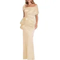 Elegant champagne gold satin mermaid evening gown with asymmetrical off-shoulder neckline - US Size 4 (S) / Top And Bottom / Champagne