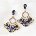 Vintage gold fan-shaped drop earrings with deep blue gemstones and white crystals - Ink Blue