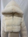 Short faux fur hooded jacket in off-white with metal zipper closure on mannequin - S / White