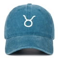 Vintage washed blue cotton baseball cap featuring white Taurus constellation embroidery - Lake Blue