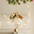 White faux fur Christmas tree ornament with gold sequin bow and festive bell - Christmas Tree / White