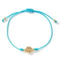 Close-up of sky blue braided bracelet with gold coin pendant and adjustable slider - Sky Blue