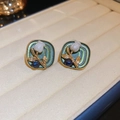 Macro view of French vintage gold-plated tulip flower earrings with green enamel and pearls - 6# Silver Needle-Gold-Green