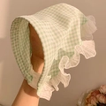 Lace trim light green checkered triangle headscarf sweet pastoral style headband - Green Checkered