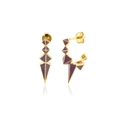 Detailed view of geometric gold earrings with purple enamel and S925 silver hallmarks - Enamel Purple