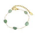 Bohemian gold bracelet with irregular green amber beads and white pearls on K18 chain - BR-2129G02 Bracelet-Green Stone/White Pearl