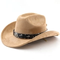 Detail of faux suede western cowboy hat featuring a metal lion head badge on a black band - M (56-58cm) / Dark Camel