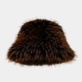 Détail du chapeau bob en fausse fourrure épaisse à poils longs en marron foncé et noir - Taille unique / Brun Foncé