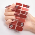 Dark red nail stickers with silver geometric patterns model DQ3-23 shown on fingers - Deep Red Silver Geometric Pattern Style (DQ3-023)