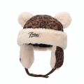 Children's leopard print winter hat with plush ears and warm fleece lining - Coffee Letter Embroidery Style (Coffee F)