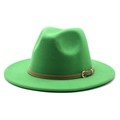 Emerald green woolen jazz fedora hat with dark leather belt and gold buckle - One Size(58cm) / Grass Green