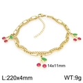 Double-layered gold cherry pendant bracelet in stainless steel with red and green fruit charms - Green Leaf Cherry Style (KJ4501-ZG)