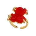 Gold-plated adjustable ring featuring a red resin bear and sparkling micro-crystals - Red
