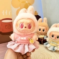 Pink rabbit-ear knit outfit for Labubu plush doll with pleated skirt detail - Sweet School Beauty In Pink Dress / First And Second Generation Keychains Are Compatible With La Cloth Dolls. Dolls Not Included.